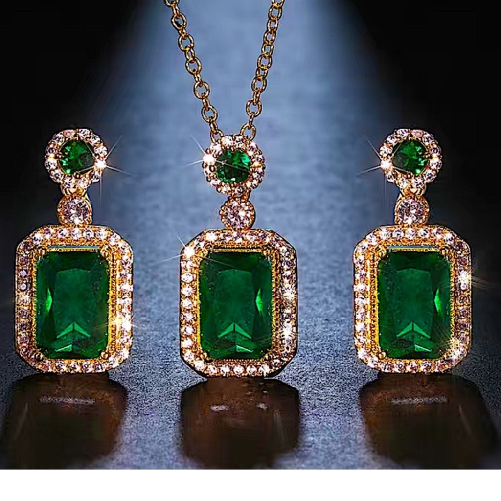 Emerald Gold Plated Zircon Charm Pendant Necklace Matching Earrings Set 39$